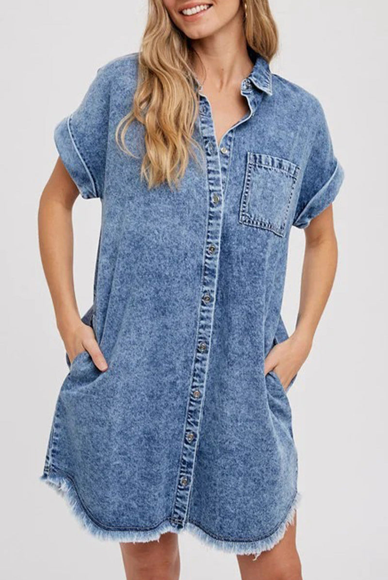 Blue Wisteria denim shirt dress by Lumina Wear with a relaxed fit, styled on a model showcasing casual, comfortable fashion.