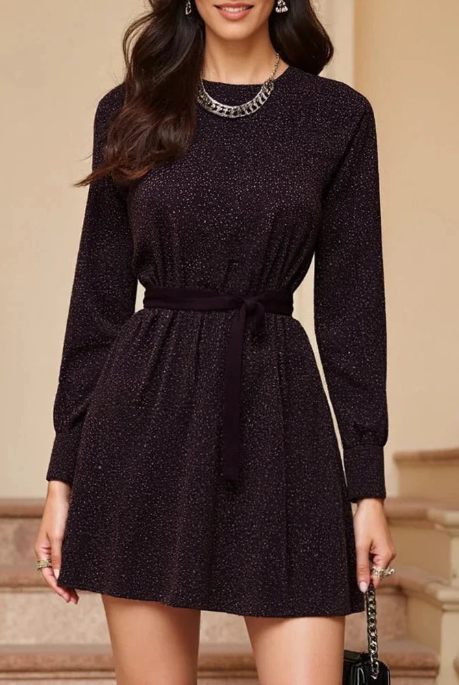 Purple Nova Glimmer Shimmer mini dress by Lumina Wear, fitted style with shimmering fabric, size XL, displayed on a hanger.