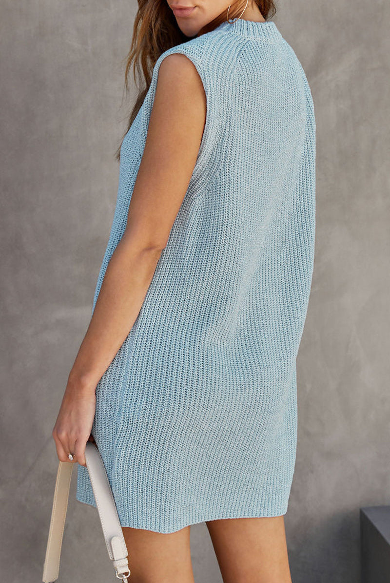 Apricot sleeveless knitted sweater dress by Lumina Vancouver, lightweight mini dress with cozy texture and fitted silhouette.