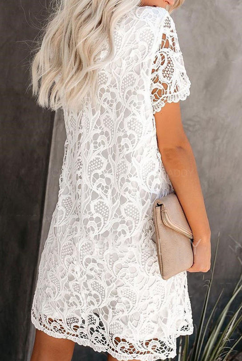 White Nova lace sheath mini dress by Lumina Vancouver, knee-length with delicate lace details, perfect for elegant occasions.