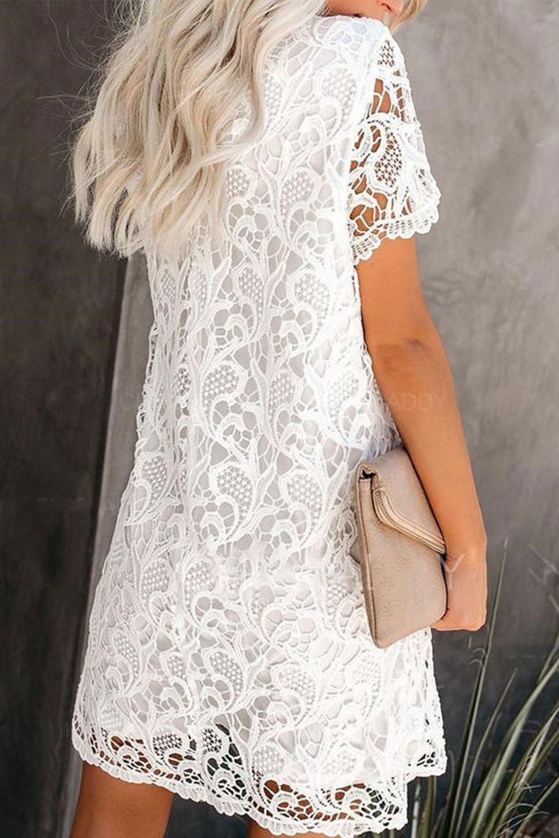 White Nova lace sheath mini dress by Lumina Vancouver, knee-length with delicate lace details, perfect for elegant occasions.