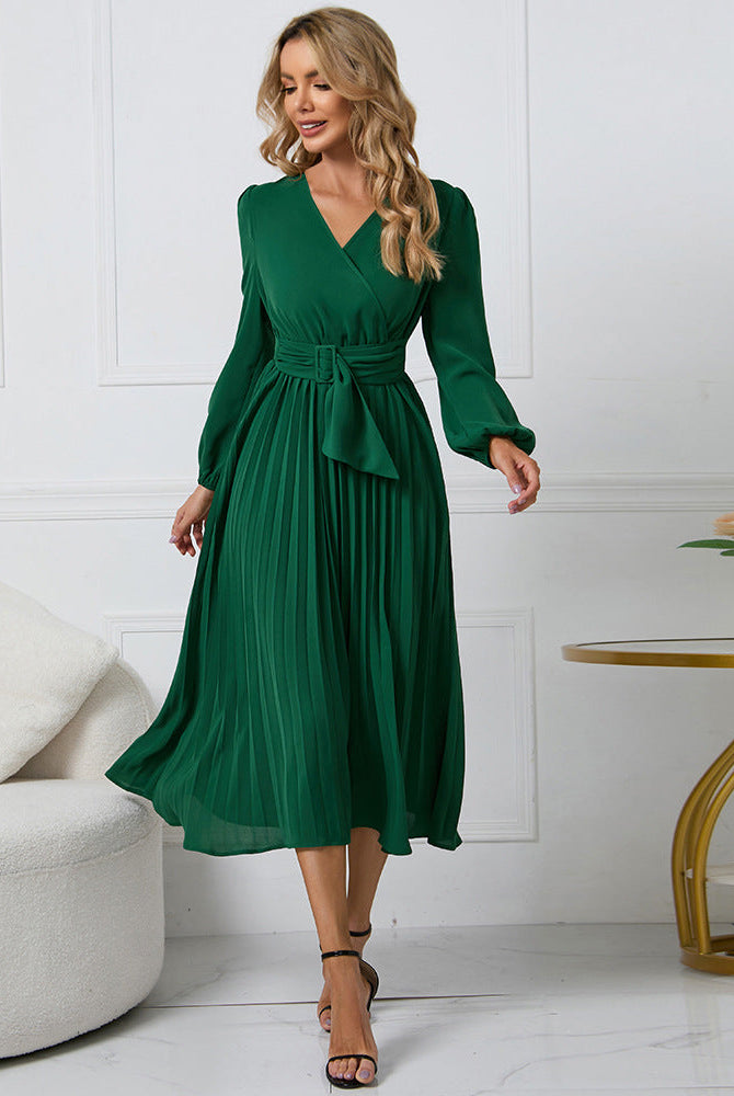 Pink Lumina Wear Nova long-sleeved V-neck pleated mini dress with a fitted silhouette and elegant design.