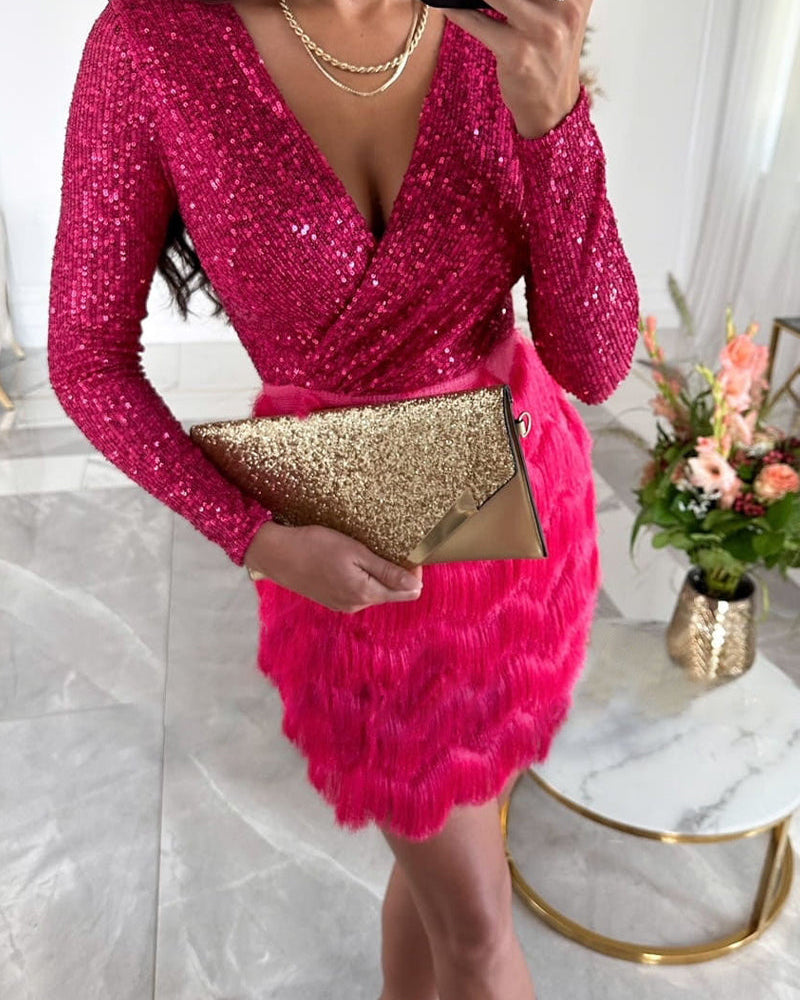Lumina Wear Nova Maris Luxe sequin wrap mini dress in champagne color, featuring elegant design and shimmering embellishments.