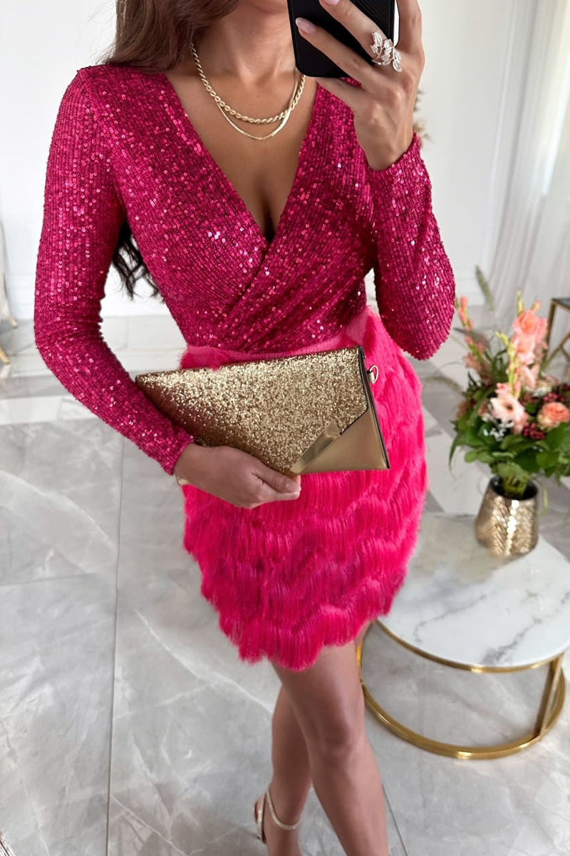 Lumina Vancouver Nova Maris Luxe sequin wrap dress in champagne color, mini dress style, featuring shimmering sequins and elegant design.