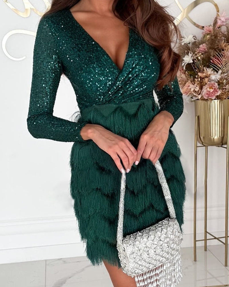 Lumina Wear Nova Maris Luxe sequin wrap mini dress in champagne, featuring shimmering sequins and elegant design.