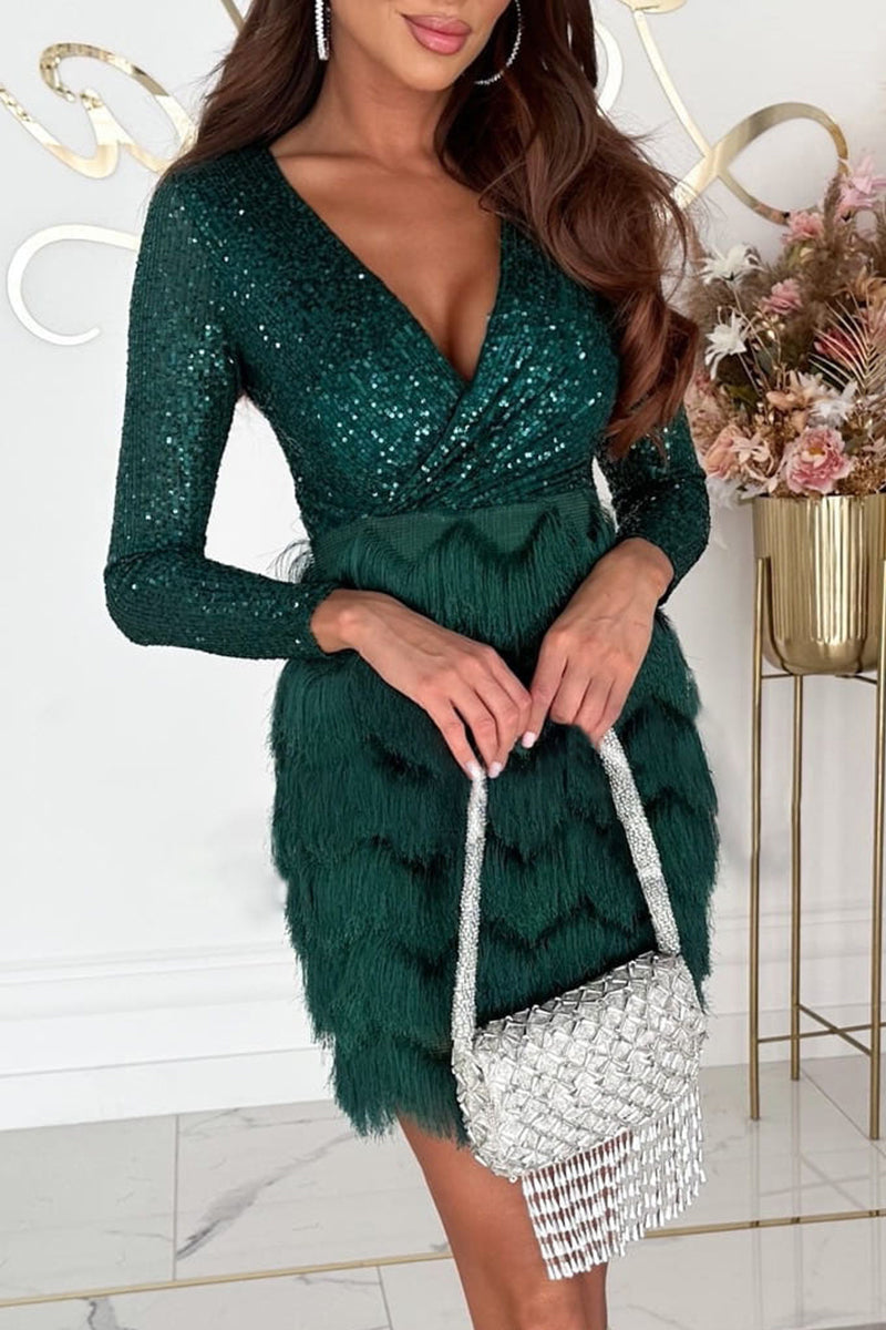 Lumina Vancouver Nova Maris Luxe sequin wrap mini dress in champagne color, featuring shimmering sequins and elegant design.