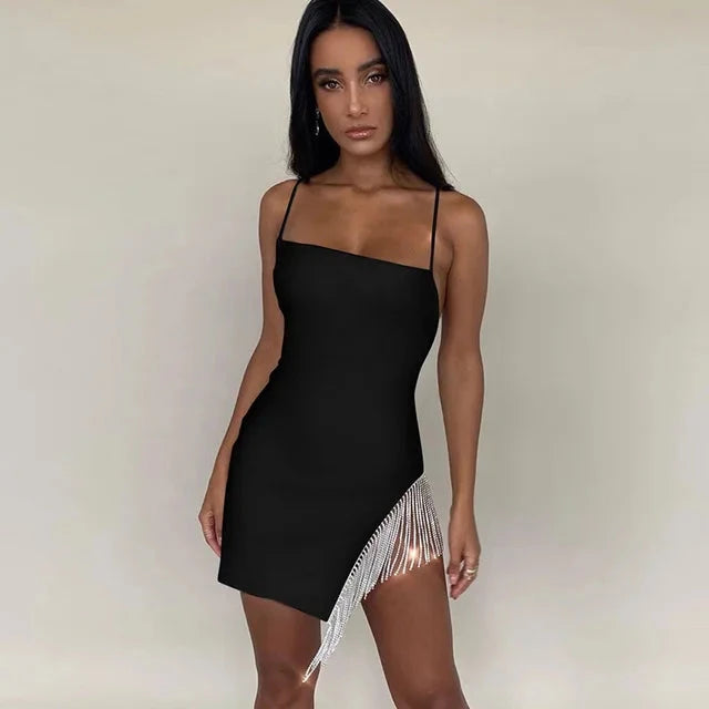 Black Nova Mini Dress by Lumina Vancouver featuring bodycon fit and beaded fringe detailing.