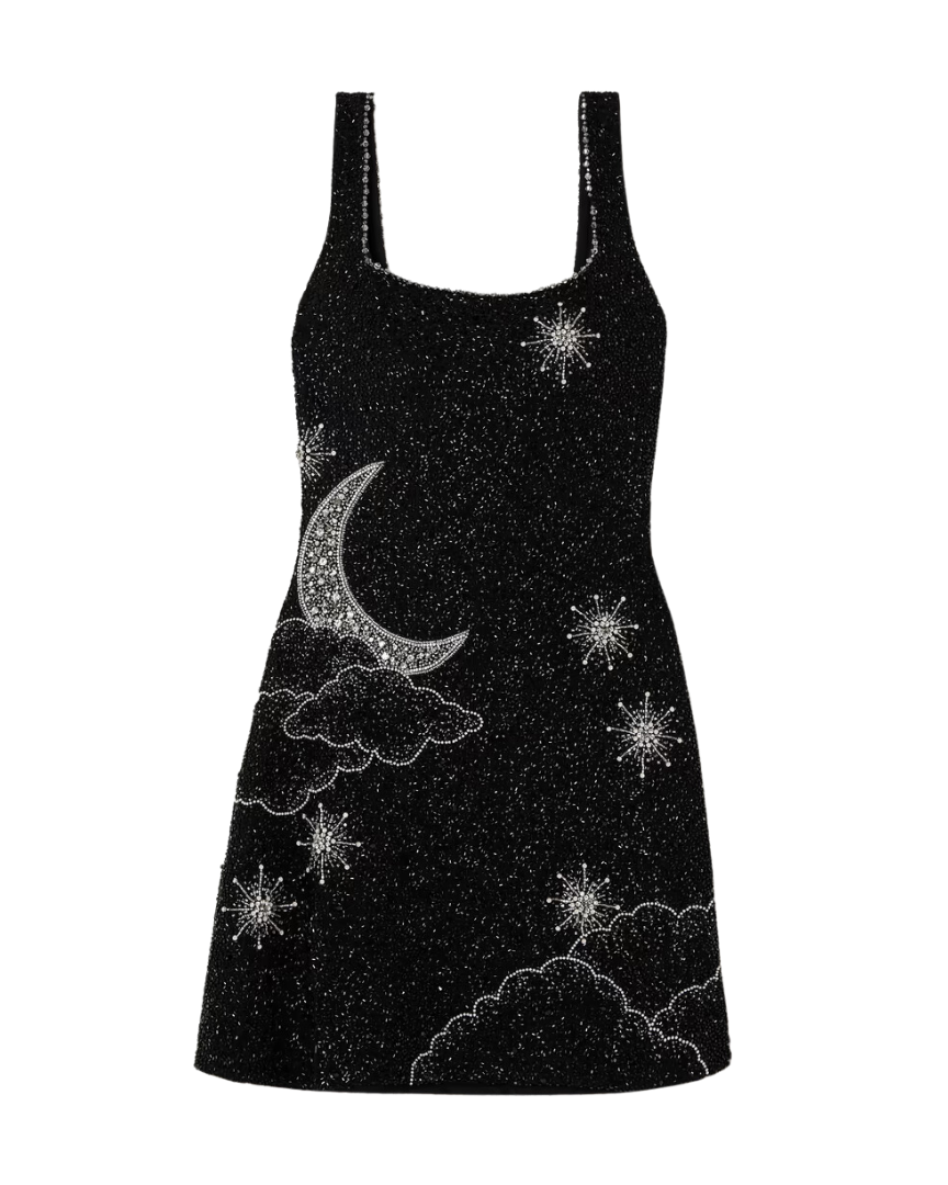 Black Lumina Wear Nova mini dress with square neckline, perfect for evening wear, displayed on a hanger.