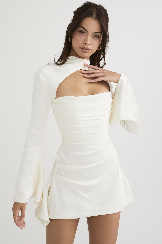 Lumina Vancouver Fionnuala satin mini dress with twisted neckline, ivory color, fitted style, perfect for elegant occasions.