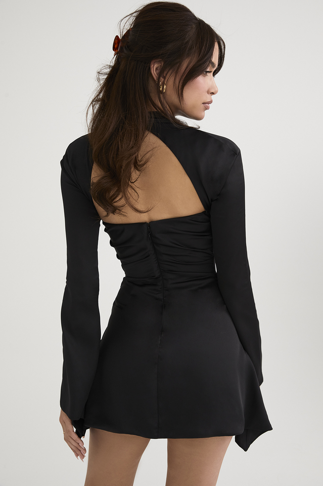 Ivory satin mini dress with twisted neckline by Lumina Vancouver, featuring a fitted silhouette and elegant design.
