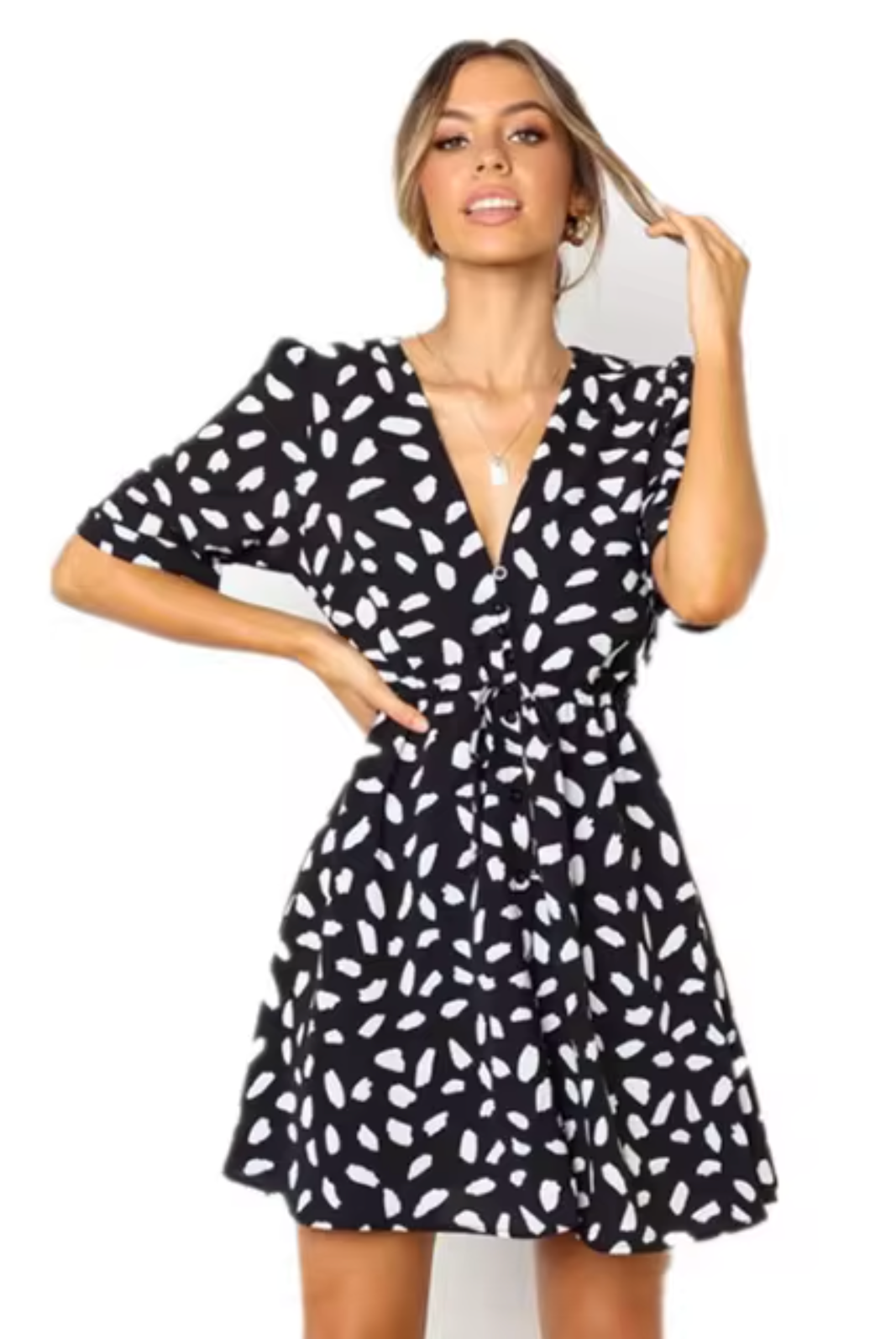 Black Nova Lumina Vancouver mini dress with V-neck and waist tie, shown on a model.