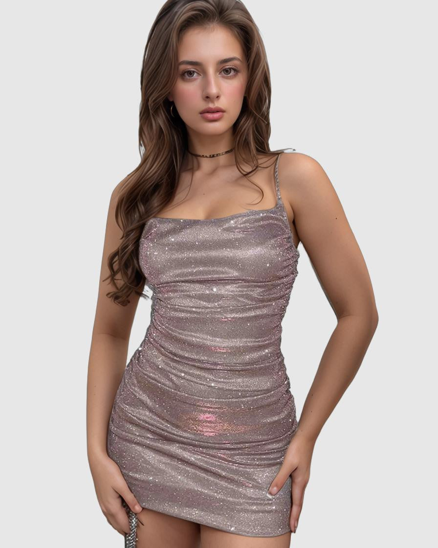 Pink Nova Nightstar bodycon mini dress by Lumina Wear, fitted style with sleek silhouette, shown on a model.