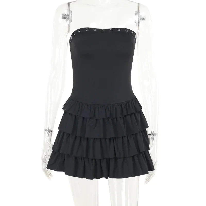 Black Iseult Noir strapless mini dress by Lumina Vancouver, shown on a model with a fitted silhouette and stylish design.
