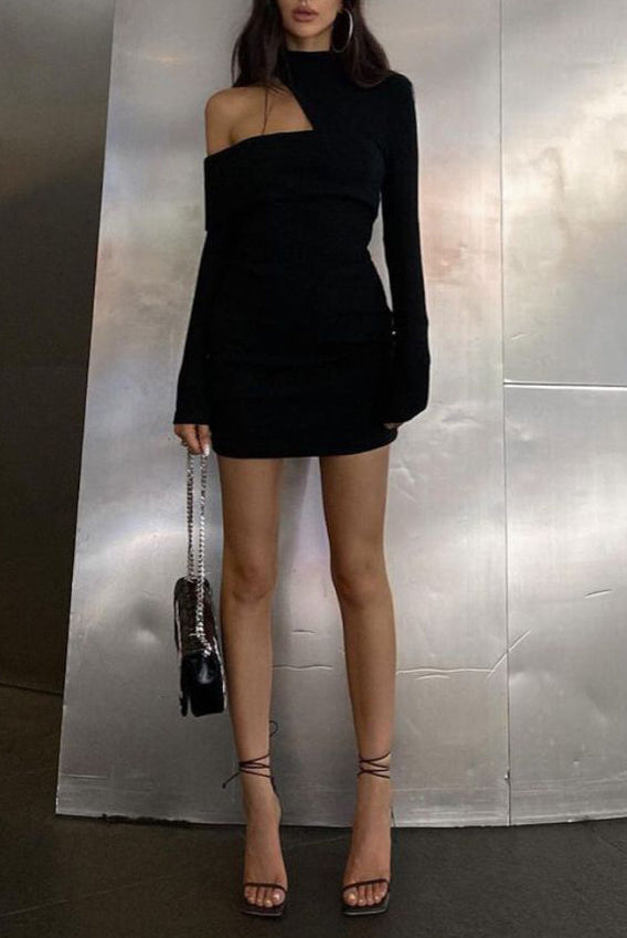 Black Nova off-shoulder bodycon mini dress by Lumina Vancouver, fitted style with sleek design for elegant occasions.