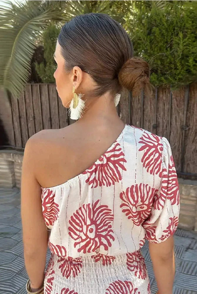 Lumina Vancouver Nova white and red one-shoulder asymmetrical mini dress with stylish design and fitted silhouette.