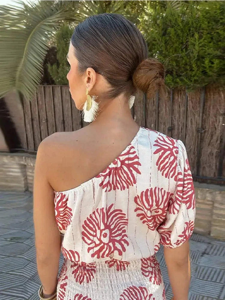 Lumina Vancouver Nova white and red one-shoulder asymmetrical mini dress with stylish design and fitted silhouette.