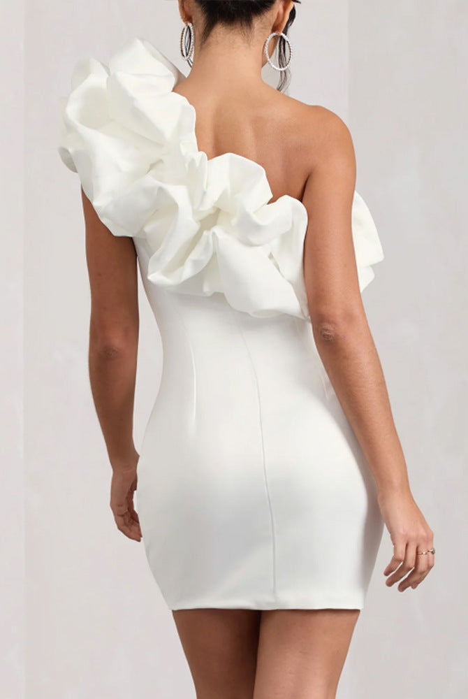 White one-shoulder satin mini dress by Lumina Wear, sleek fit, elegant design, shown on a model.