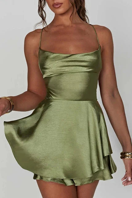 Lumina Wear Aine satin mini dress with a cowl neck in vibrant green, showcasing a stylish and elegant sleeveless design.