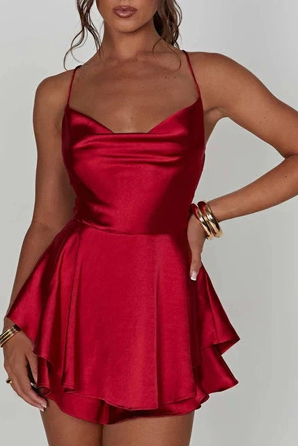 Lumina Wear Aine satin mini dress with cowl neck in vibrant green, featuring a sleek, fitted silhouette and elegant design.