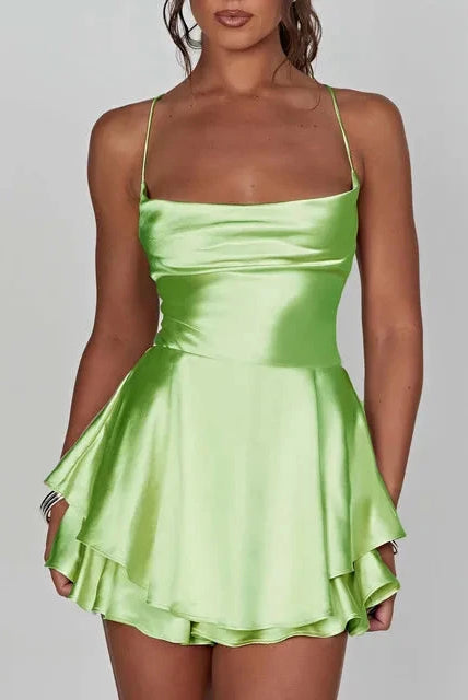 Lumina Wear Aine satin mini dress with cowl neck in green, stylish and elegant for evening wear.