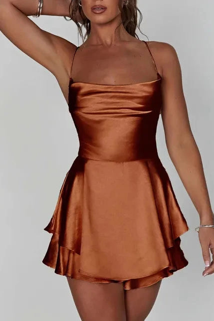 Lumina Wear Aine satin mini dress with cowl neck in green, featuring a sleek, elegant design perfect for stylish occasions.