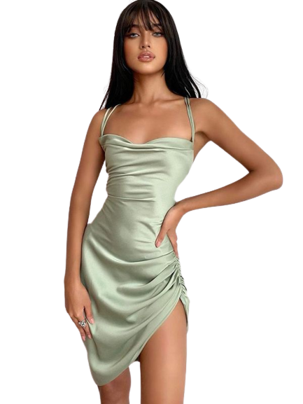 Gray satin slip dress with cowl neck by Lumina Vancouver, featuring a sleek mini dress design and smooth fabric.