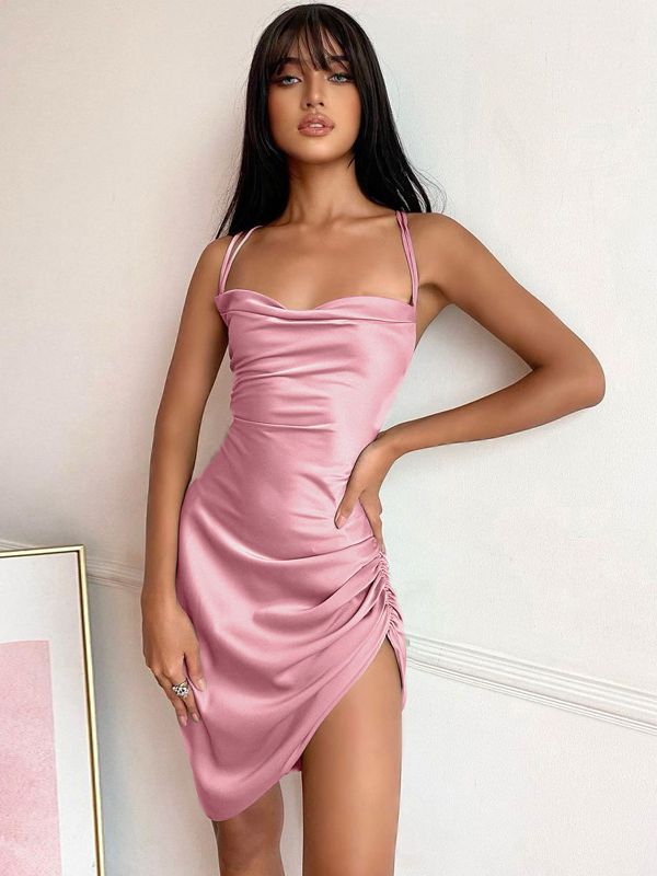 Gray satin slip dress with cowl neck by Lumina Vancouver, featuring a sleek mini dress design and smooth fabric.