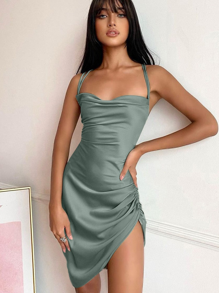 Gray satin Riona slip dress with a cowl neck, featuring a mini length and elegant drape, by Lumina Vancouver.