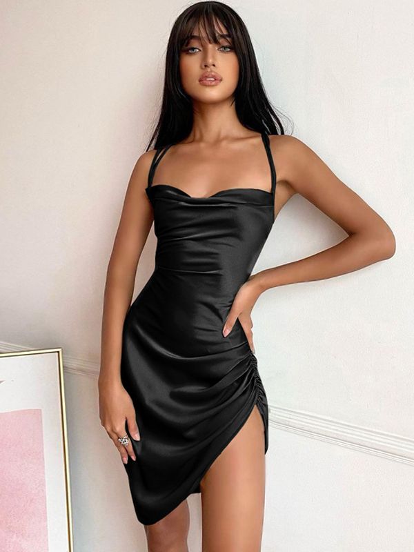 Gray satin mini slip dress with cowl neck by Lumina Vancouver, featuring smooth fabric and elegant drape.