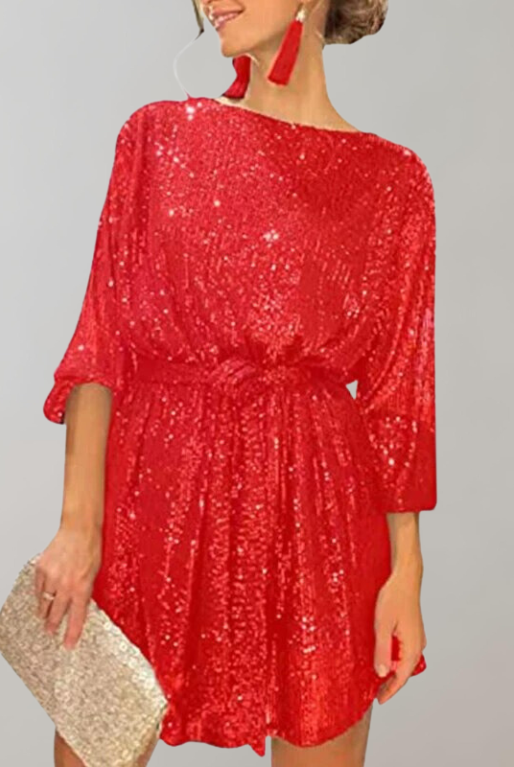 Black knee-length sequin dress by Lumina Wear featuring a belt, perfect for stylish occasions and evening events.