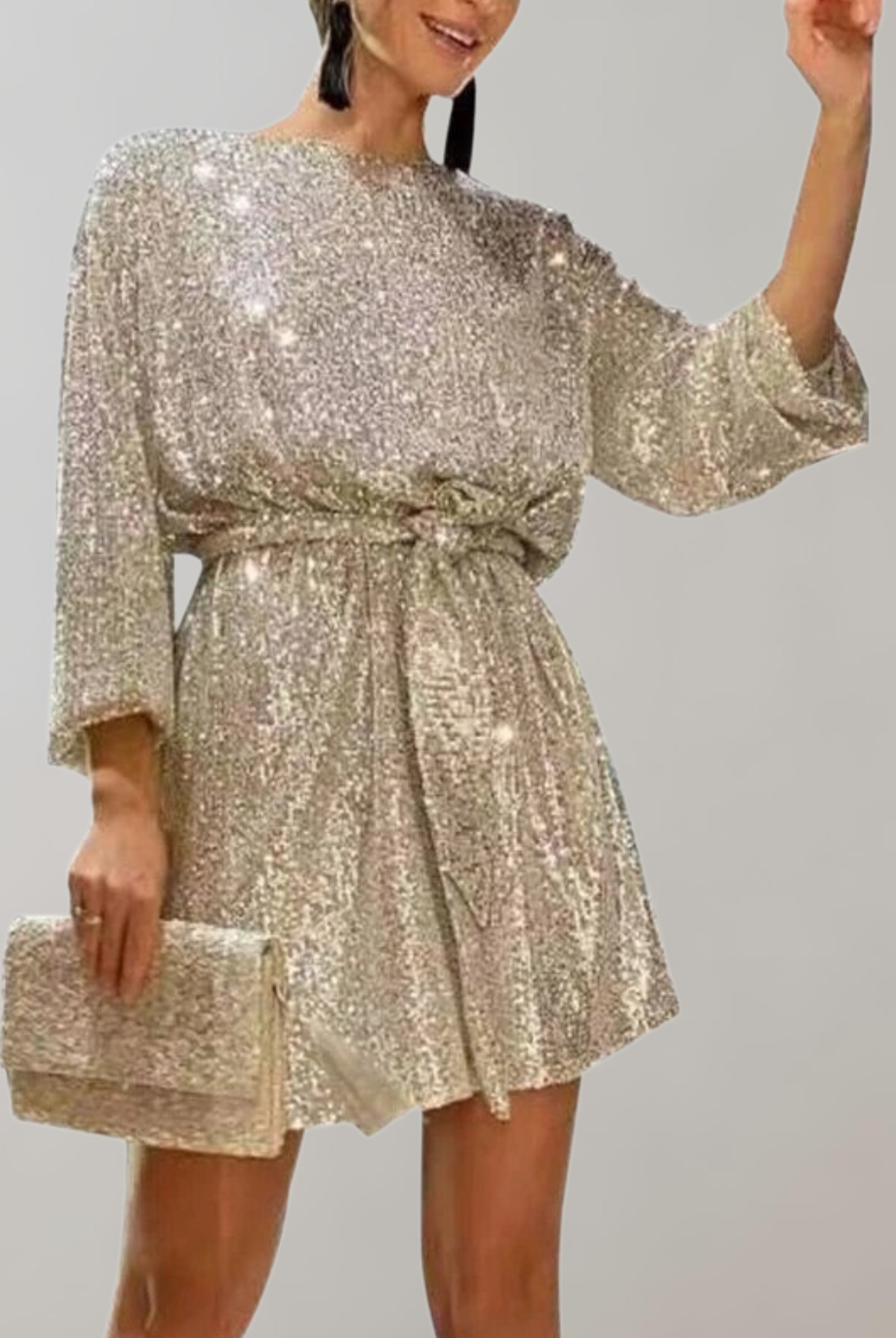 Black knee-length sequin mini dress by Lumina Wear with a belt, featuring a fitted silhouette and shimmering embellishments.