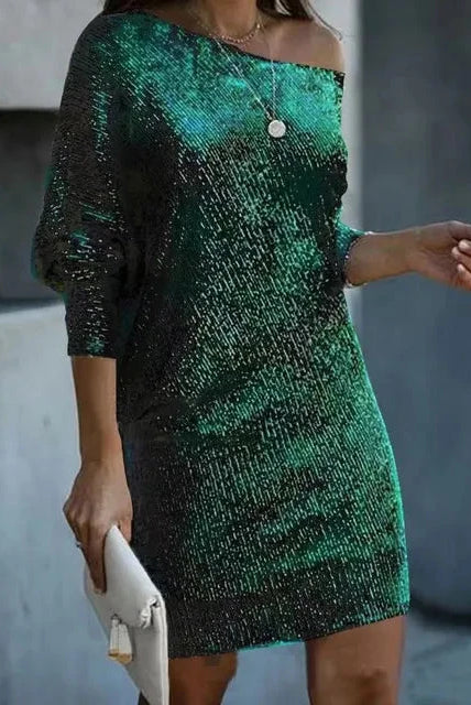 Black Olwen sequin mini dress with round neckline by Lumina Wear, showcasing shimmering sequins and stylish fit.