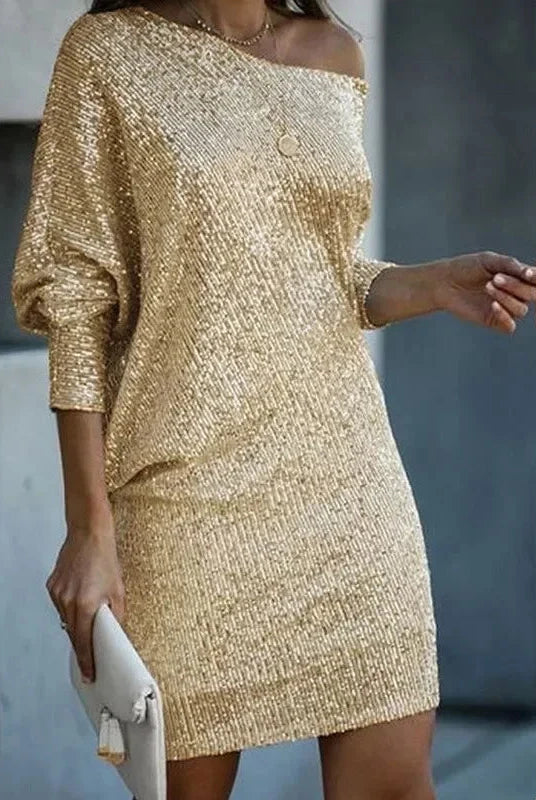 Black Olwen sequin mini dress with round neckline from Lumina Wear, featuring shimmering sequins and a fitted silhouette.