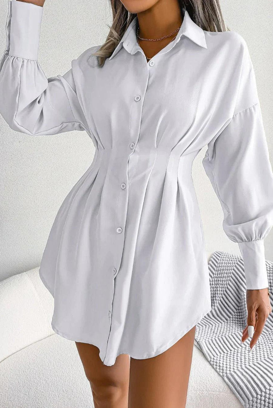Dark green Nova shirt dress by Lumina Vancouver, tailored fit, elegant mini dress with long sleeves and structured design.
