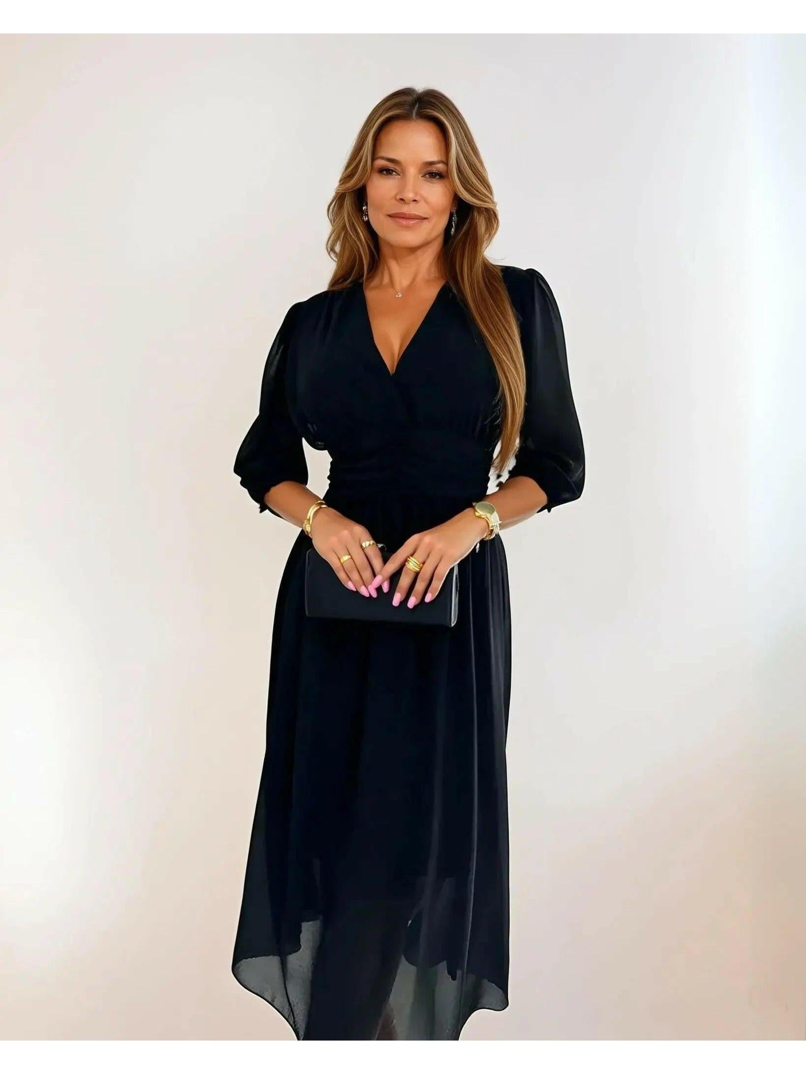 Black Jessamine Silk Maxi Dress by Lumina Vancouver, flowing maxi dress with elegant silk fabric and a classic silhouette.