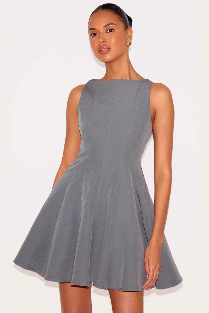 Gray Wilhelmine slim fit sleeveless mini dress by Lumina Wear, A-line silhouette, close-up of fabric and design details.