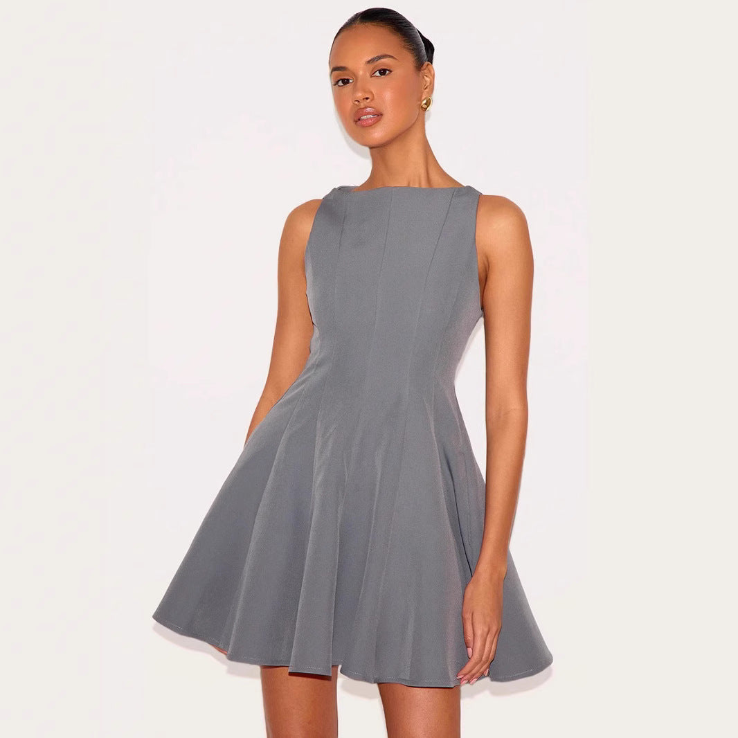 Gray Wilhelmine sleeveless slim fit A-line mini dress by Lumina Vancouver displayed on a hanger.