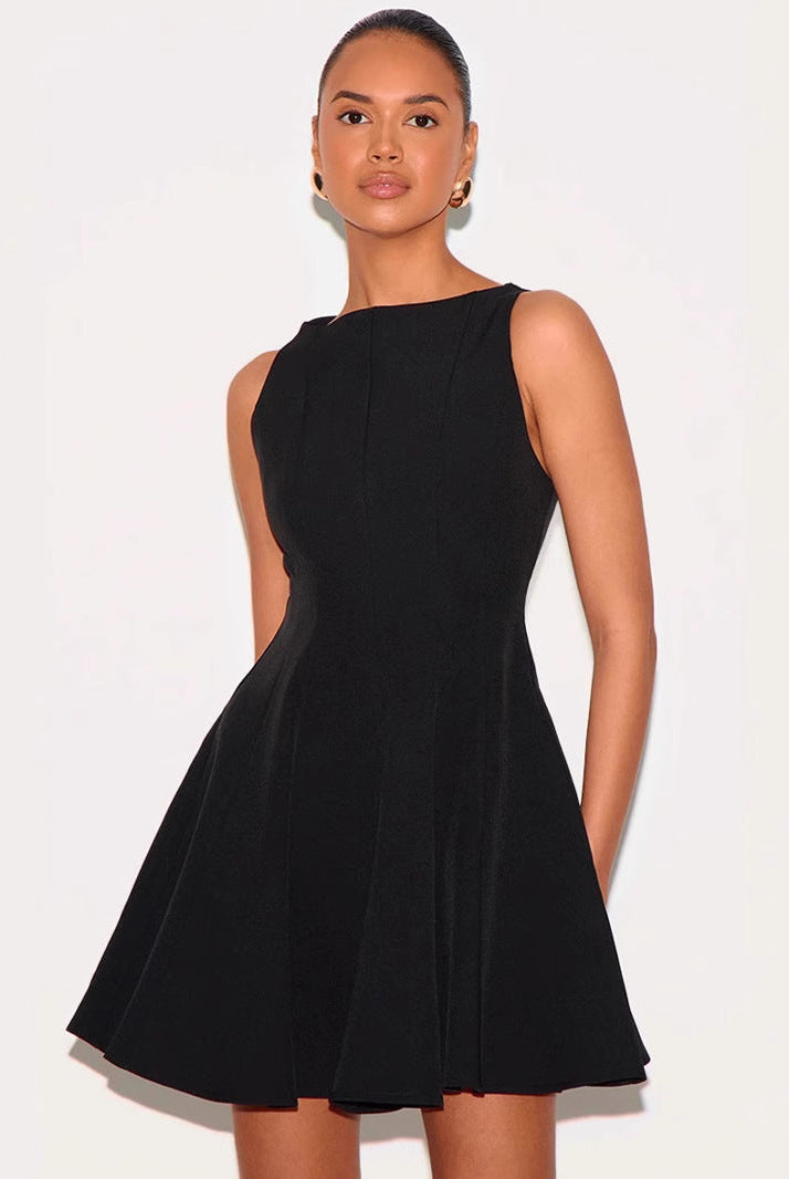 Gray Wilhelmine slim fit sleeveless A-line mini dress by Lumina Wear, shown on a model with a simple background.