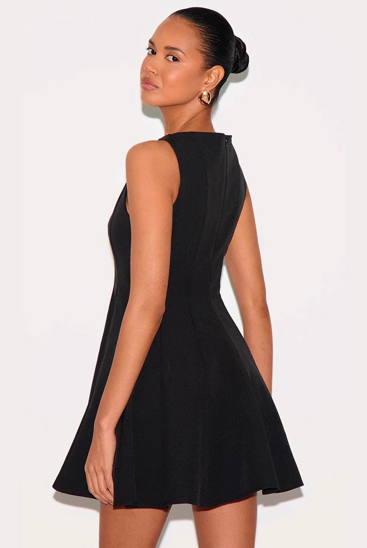 Gray Wilhelmine slim fit sleeveless A-line mini dress by Lumina Wear, shown on a model with a simple background.