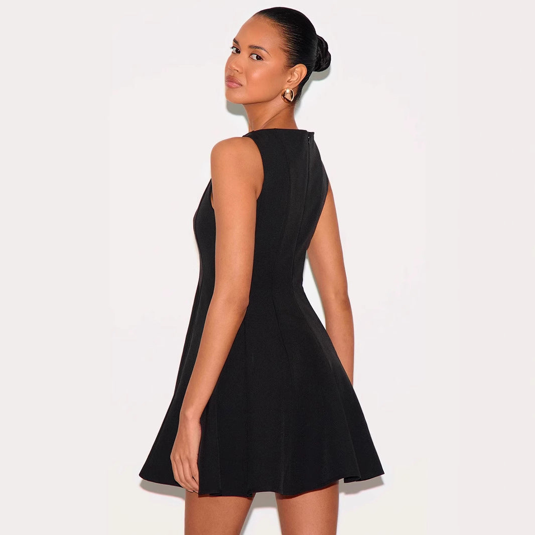 Gray Wilhelmine slim fit sleeveless A-line mini dress by Lumina Vancouver displayed on a hanger with a simple background.