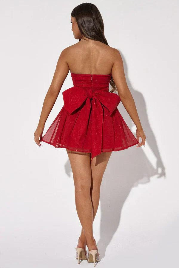 Red Kirsty strapless mini dress by Lumina Wear featuring an A-line silhouette and tulle fabric, shown on a model.