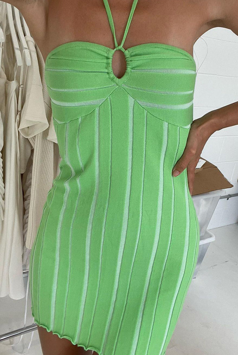 Yellow Nova strapless ribbed mini dress by Lumina Vancouver, showcasing its fitted, sleeveless design and textured fabric.