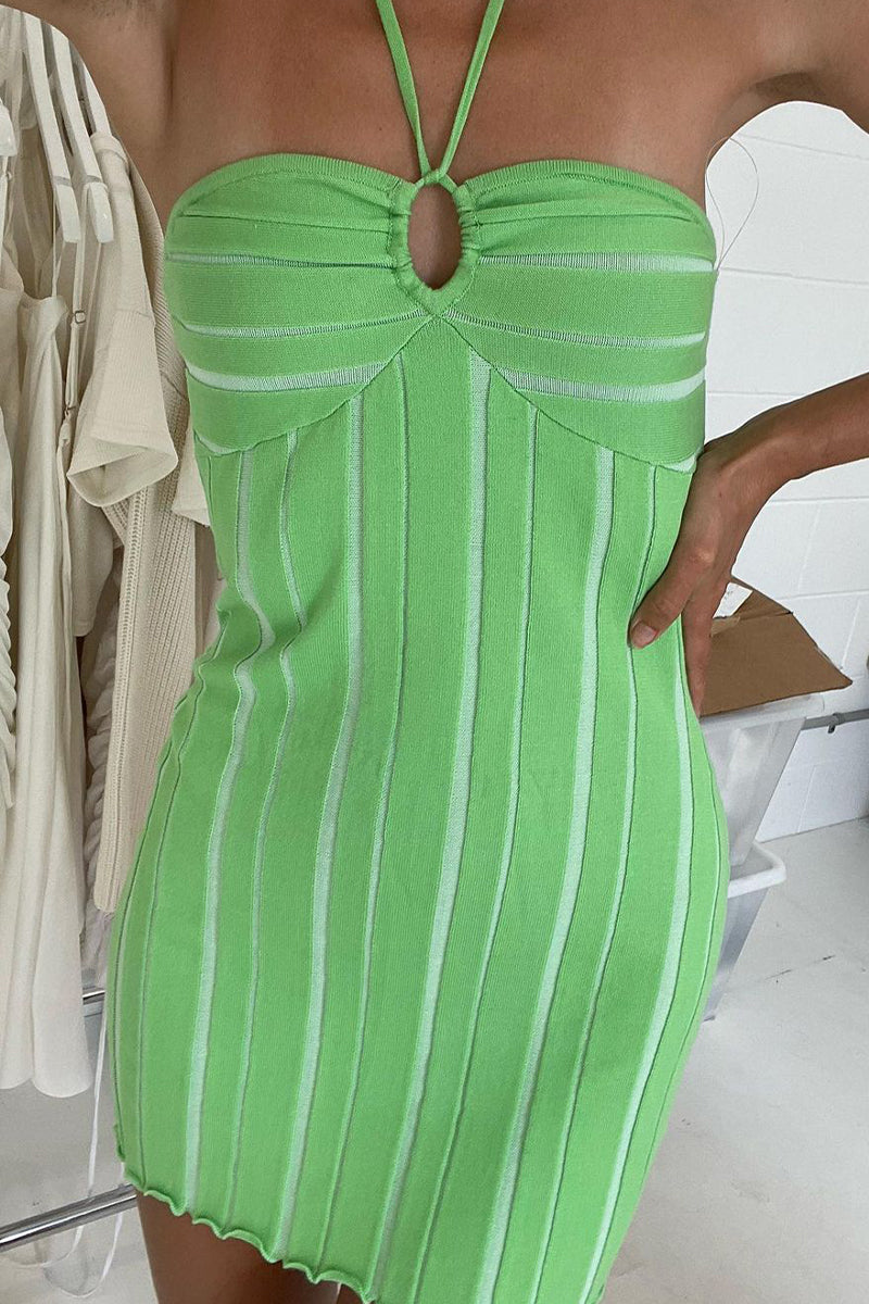 Yellow Nova strapless ribbed mini dress by Lumina Vancouver, showcasing its fitted, sleeveless design and textured fabric.