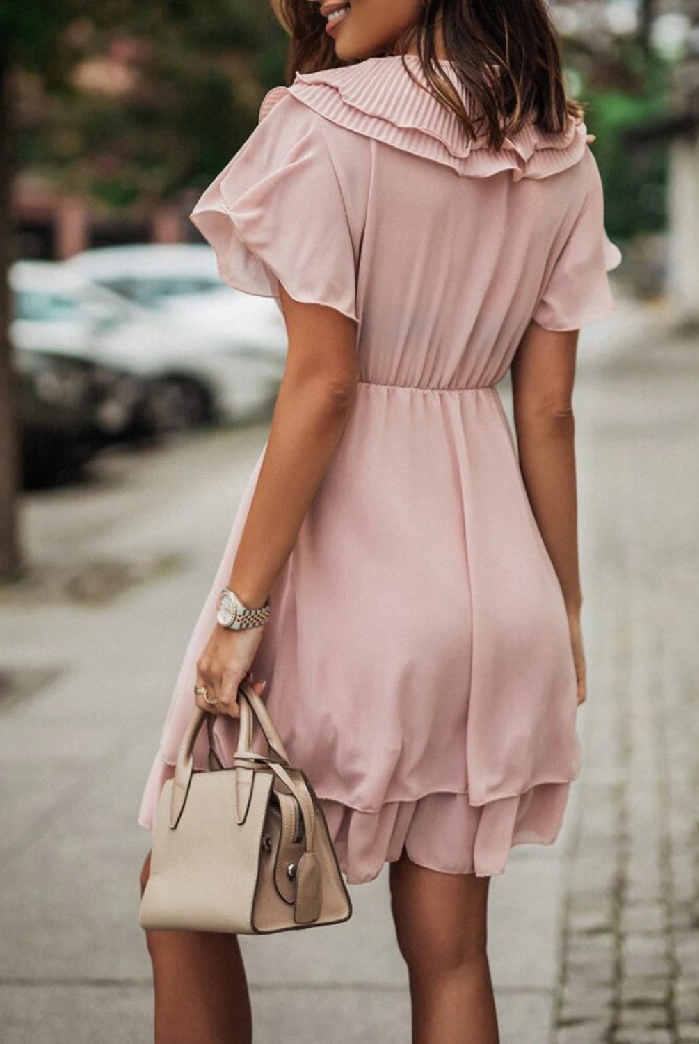 Pink Lumina Wear Maren V-Neck Mini Dress with tiered design, sleeveless and fitted, perfect for casual or semi-formal occasions.