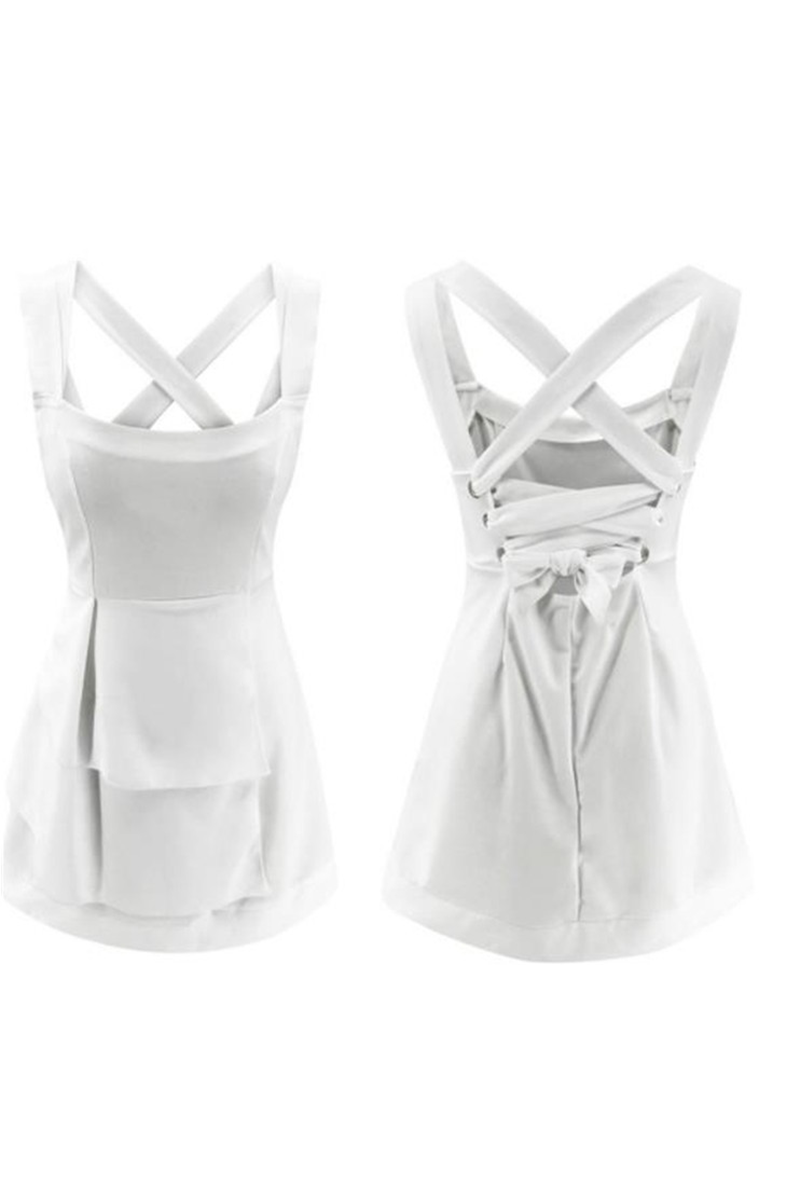 White Nova women's sleeveless mini dress by Lumina Vancouver, showing a fitted sleeveless design and mini length.