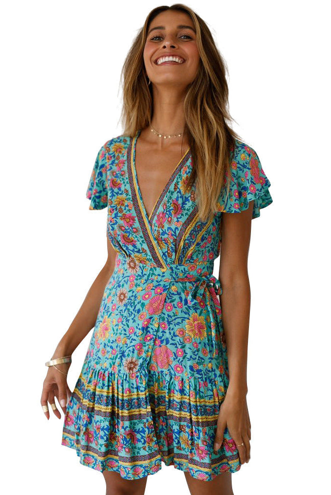 Lumina Vancouver Nova floral wrap dress with short sleeves, red mini dress featuring a stylish, feminine design.