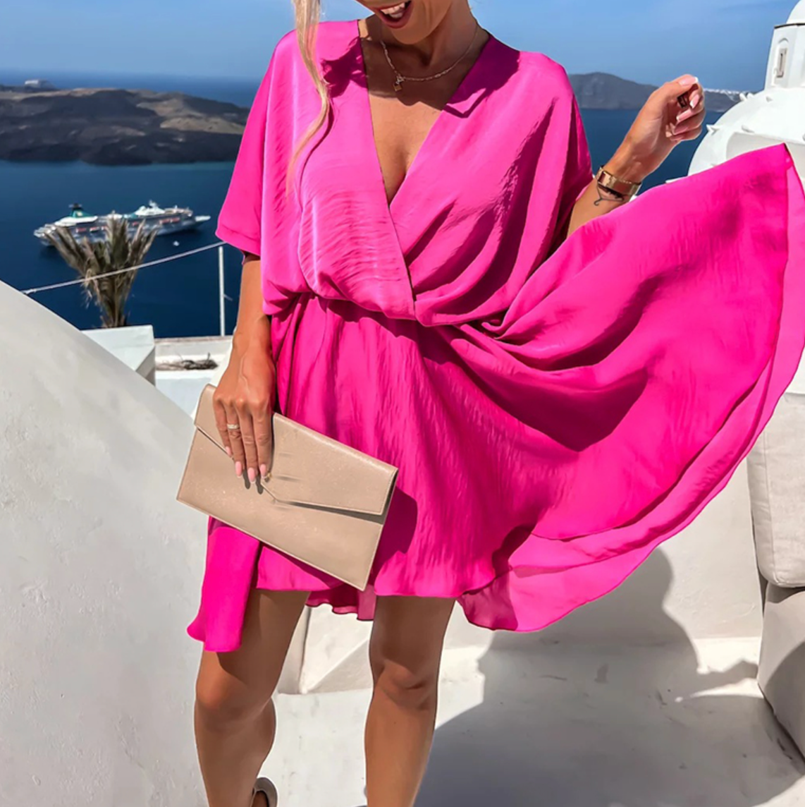Pink Nova Wrap Dress by Lumina Wear featuring a V-neck, short sleeves, perfect for casual or semi-formal occasions.