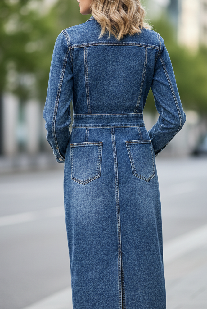 Blue Novae denim mini dress by Lumina Vancouver, tailored fit with stylish design, shown on a mannequin.