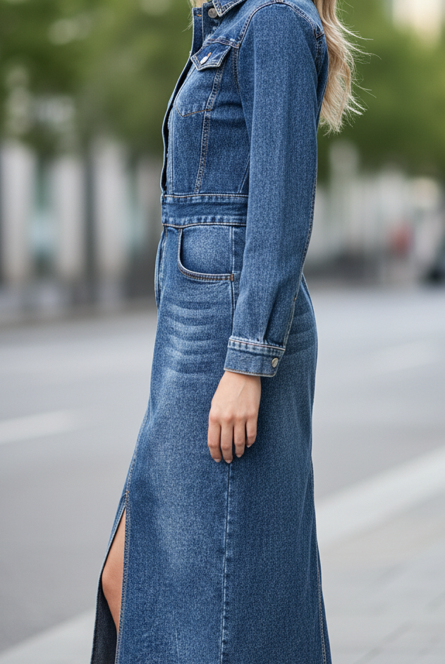 Blue Novae denim mini dress by Lumina Vancouver, tailored fit with a stylish, form-fitting design and classic denim texture.