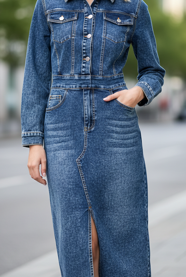 Blue Novae denim mini dress with tailored fit by Lumina Vancouver, featuring a stylish, form-fitting design.